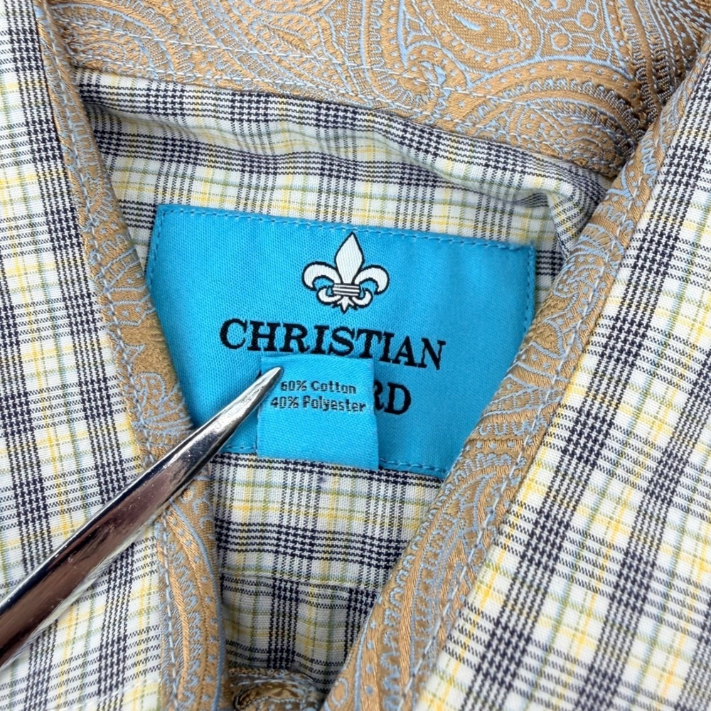 Christian Aujard Button Down Shirt Mens L Blue Yellow‎ Plaid Paisley Flip Cuff - Picture 3 of 11